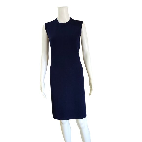 St. John Basics Santana Knit Navy Sheath Dress Wool Blend Sleeveless Womens 8 - Picture 1 of 6